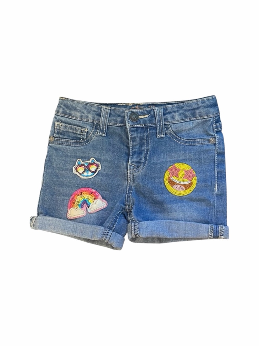Vigoss Kids Blue Denim Shorts with Sequin Rainbow & Smiley Patches - 5T
